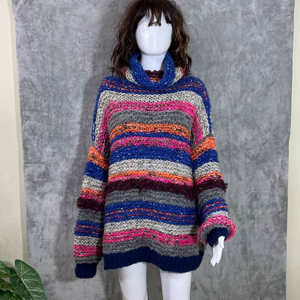 Free People Crazy Stripe Wool Blend Chunky Oversized sweater multicolor OS Peru